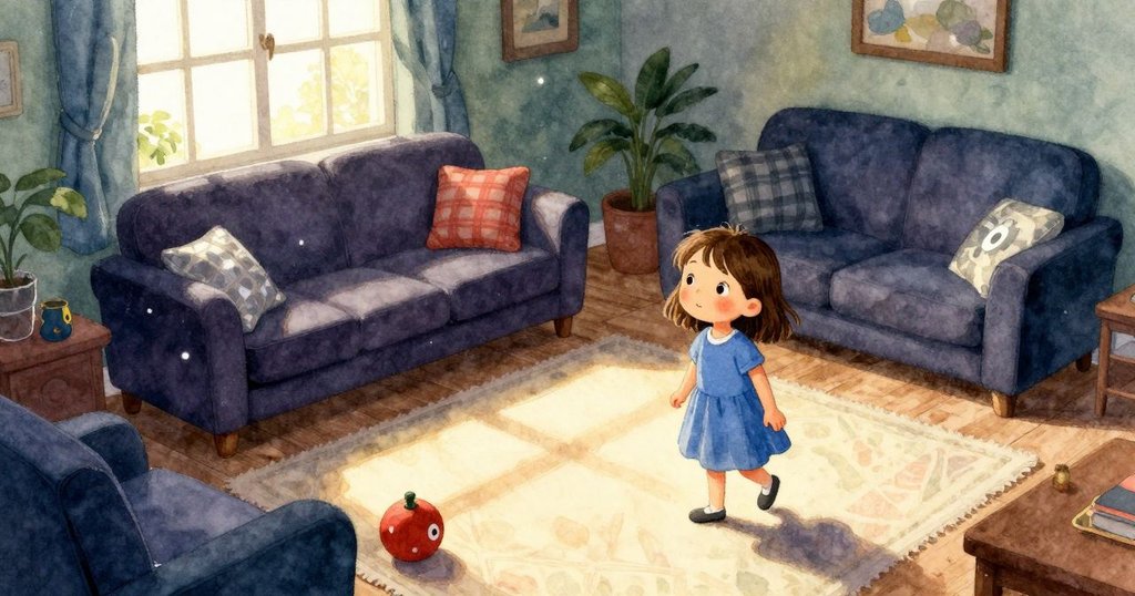 艾拉坐在地墊上欣賞房間內明亮的紅色積木和傾斜圍欄，陽光透過窗戶灑入，充滿溫馨與好奇氛圍