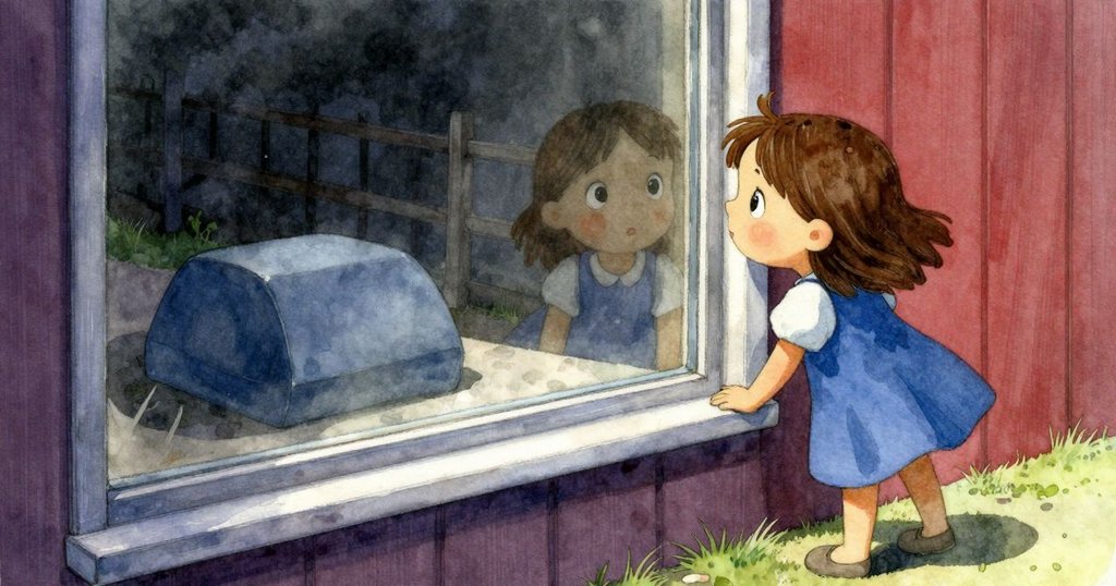 透過窗戶反射，藍色積木正滾動，斜靠的圍欄和艾拉的剪影交織，散發柔和室內光線