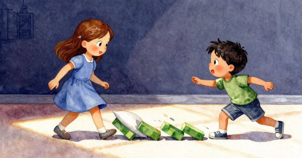 兩塊綠色積木迅速滑行，艾拉與利安驚喜注視，動態場景充滿活力與溫暖室內光影