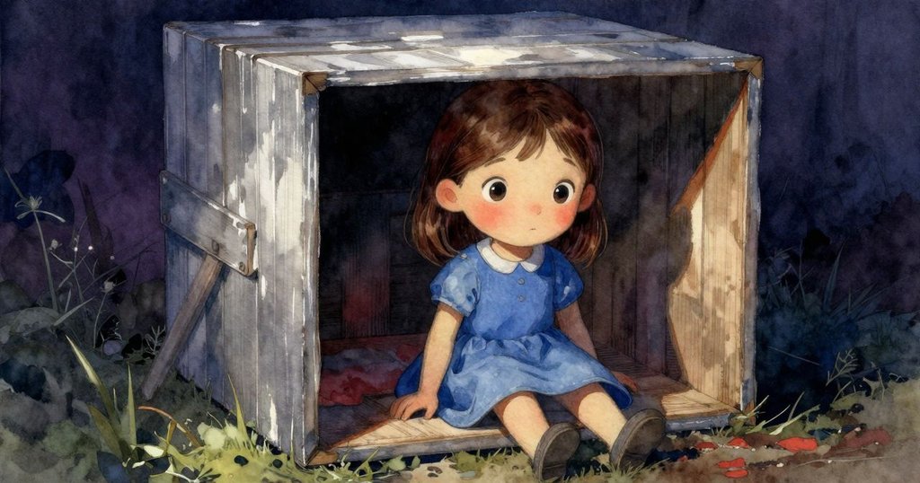 艾拉靜靜傾聽輕敲聲，木屋在箱中安穩休息，室內柔和光線營造出戲劇後平衡與寧靜的氛圍