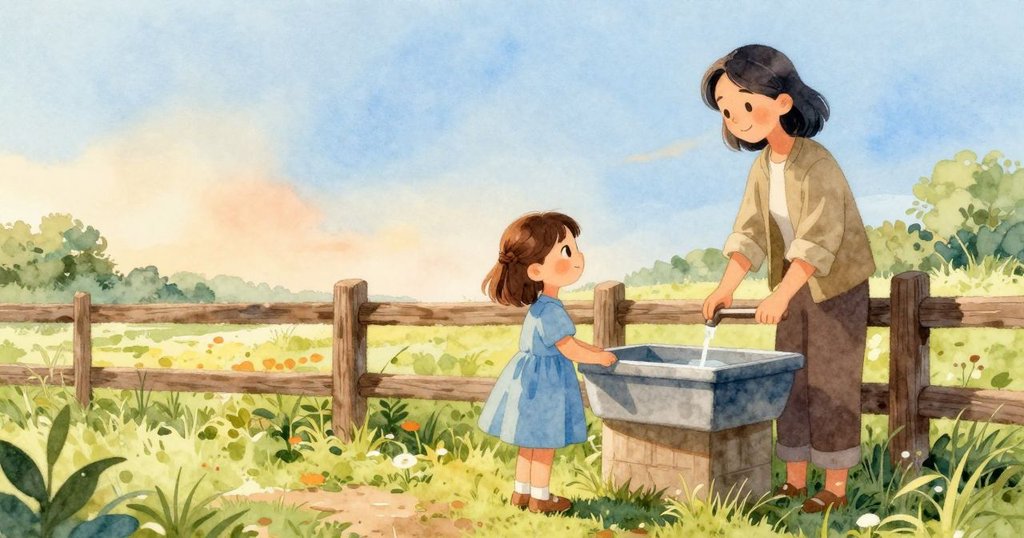 小女孩與大人在木柵欄旁並立，近水槽，陽光灑落，水滴聲細語，開啟故事序幕