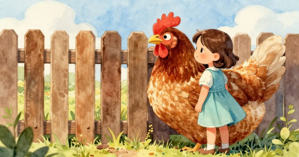 小女孩好奇探頭於柵欄縫中，發現大母雞擋住視線，板條間透出溫暖晨光，畫面充滿懸念