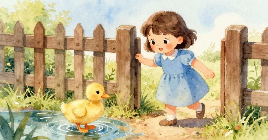 小女孩換到新縫隙，俯視小鴨在池中嬉戲濺水，晨光柔和，動態生趣盎然