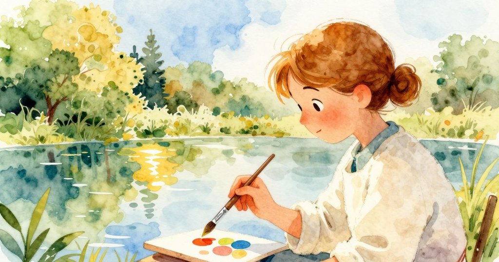 藝術家在水邊揮毫，色點映在池面上，晨光明亮，創作氛圍濃厚，展現自然美感