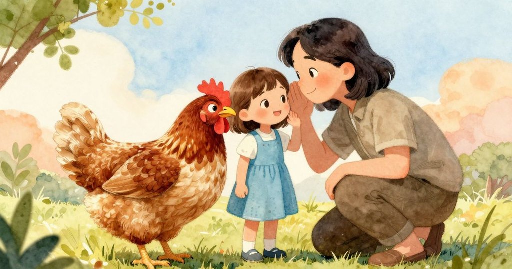 小女孩眉開眼笑，大人低語指點，母雞翅膀下垂略顯憂傷，場景細膩情感豐富