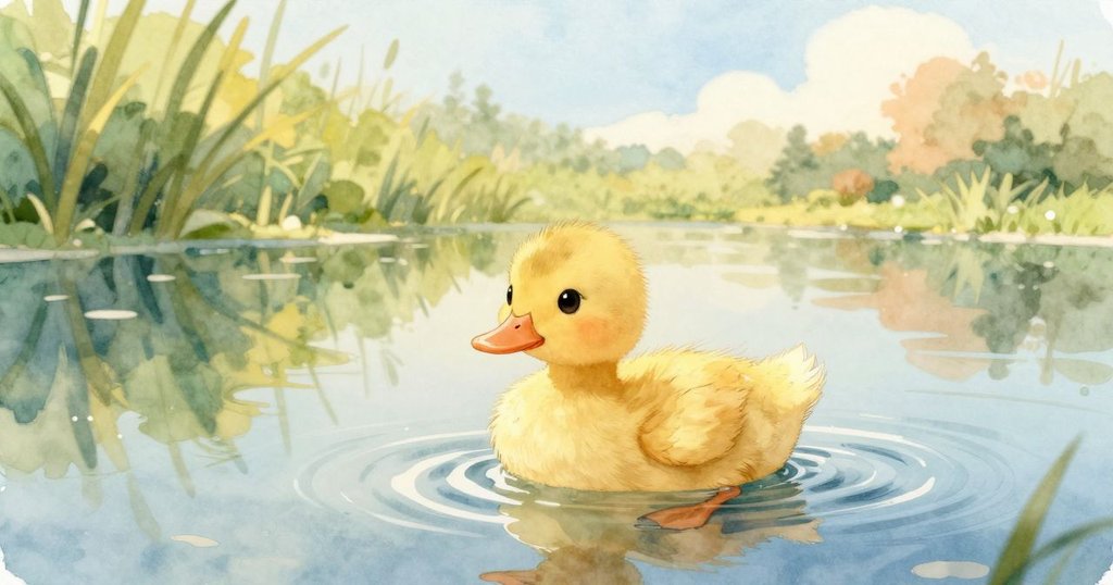 小鴨在寧靜池畔輕拋水環，擴散的漣漪映出柔光，畫面祥和，故事最終圓滿