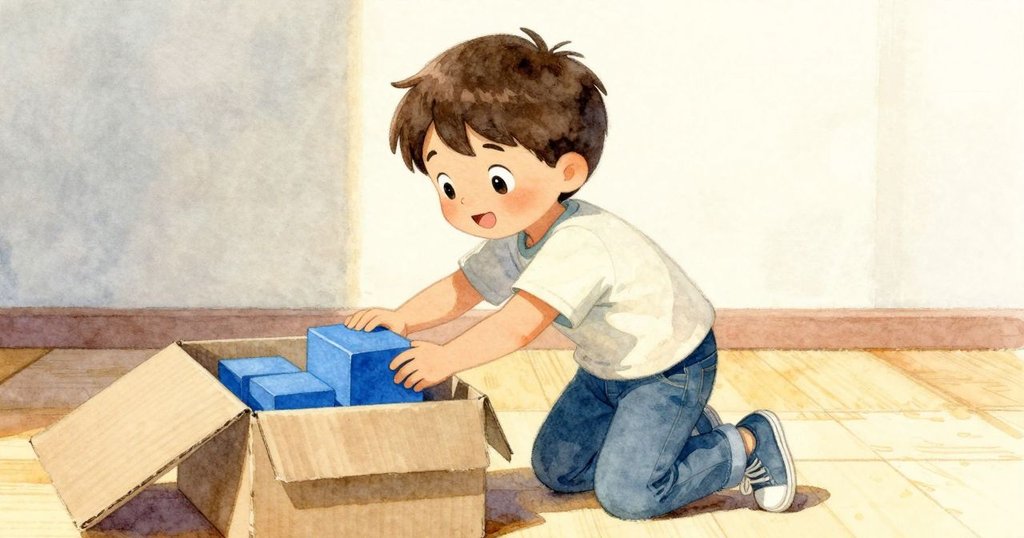 男孩專注地從盒子中拿起藍色積木，室內晨光柔和灑滿房間，表情中展現專注與期待