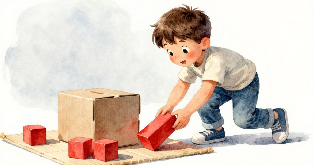 男孩輕傾盒子，鮮紅積木自角落滑出，藍綠積木整齊排列，畫面充滿靜謐成就感