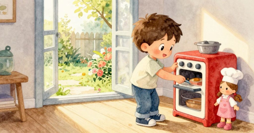 男孩在玩具烤箱旁與木製廚師互動，室內整齊積木陣列映襯窗外花園明亮風采，充滿活力