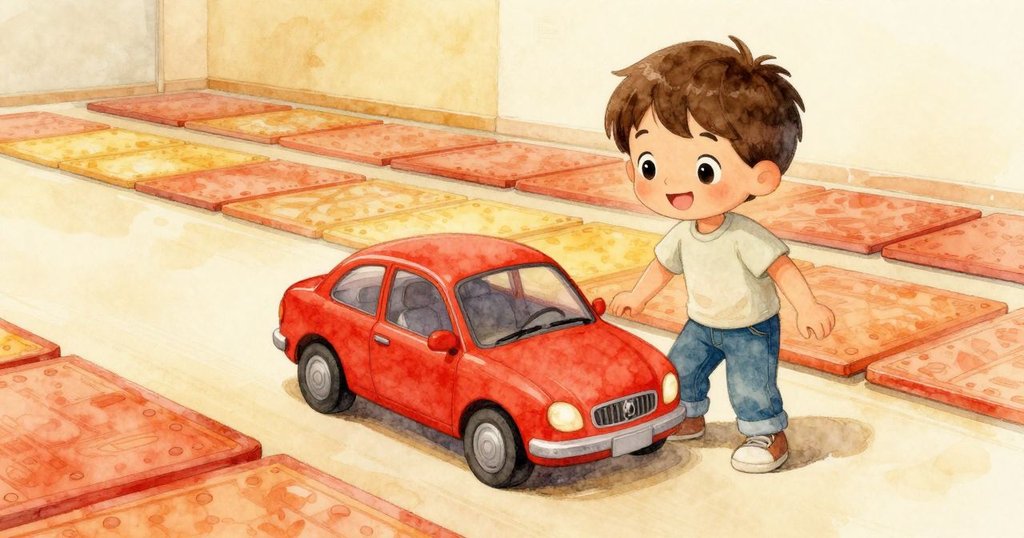 男孩滿臉喜悅，看到紅色玩具車滾入整齊積木旁，室內布置彰顯歡慶氛圍與溫馨情感