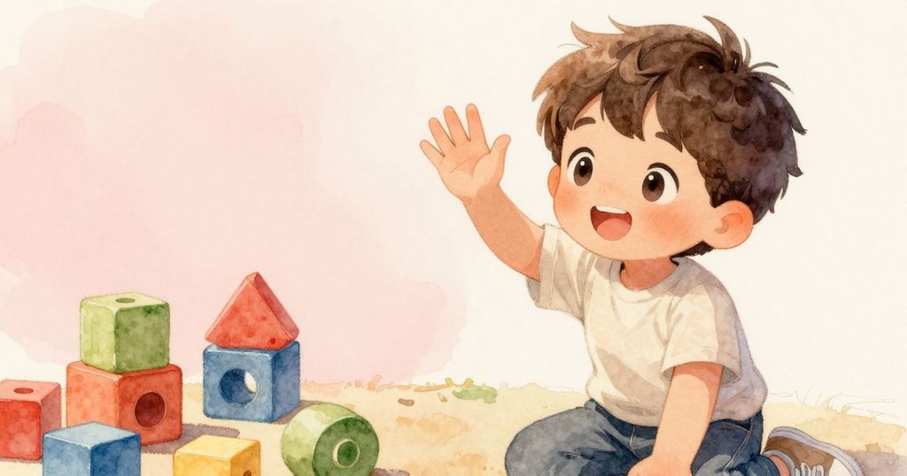 男孩面帶溫馨笑容揮手告別玩具區，積木與玩具背景柔和，畫面充滿溫暖與動人告別情懷