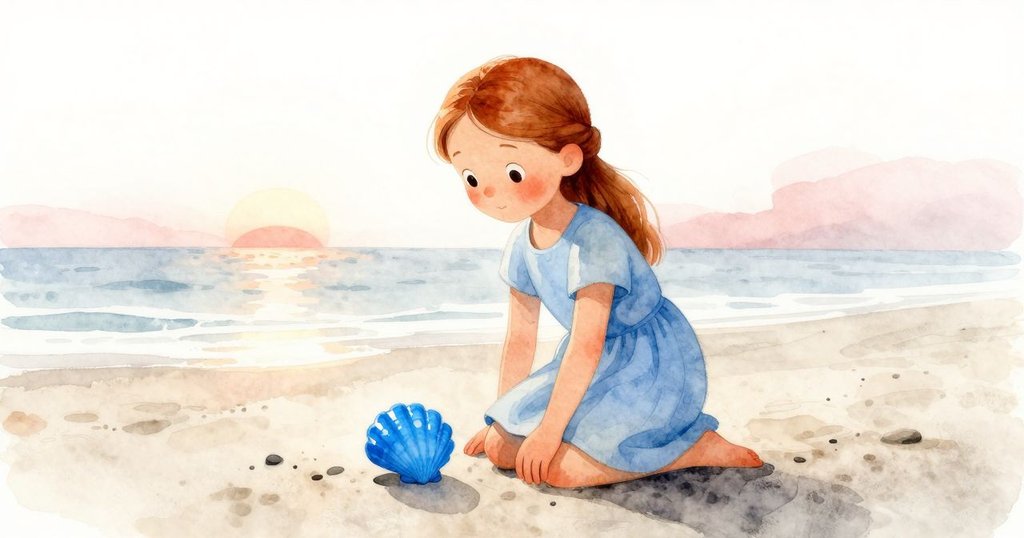 Gemma在海邊跪著，背景為晨霧和濕潤沙灘，四個散落的貝殼和明亮的藍色貝殼，展現驚奇與期待情感