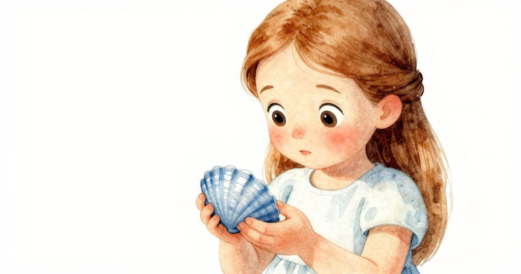 Gemma專注地拾起藍色貝殼，近景展現她溫柔好奇的神情，背景為柔和的晨光和細膩的沙紋