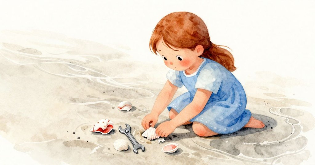 從上方俯瞰，Gemma在整理貝殼，旁邊桶和閃閃發光的小扳手，在柔和光線下呈現寧靜海灘景象