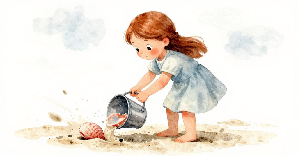 沙灘上風吹起乾沙，一顆薄貝殼滾動，Gemma迅速用桶阻止動作，展現時間變換和急切情緒