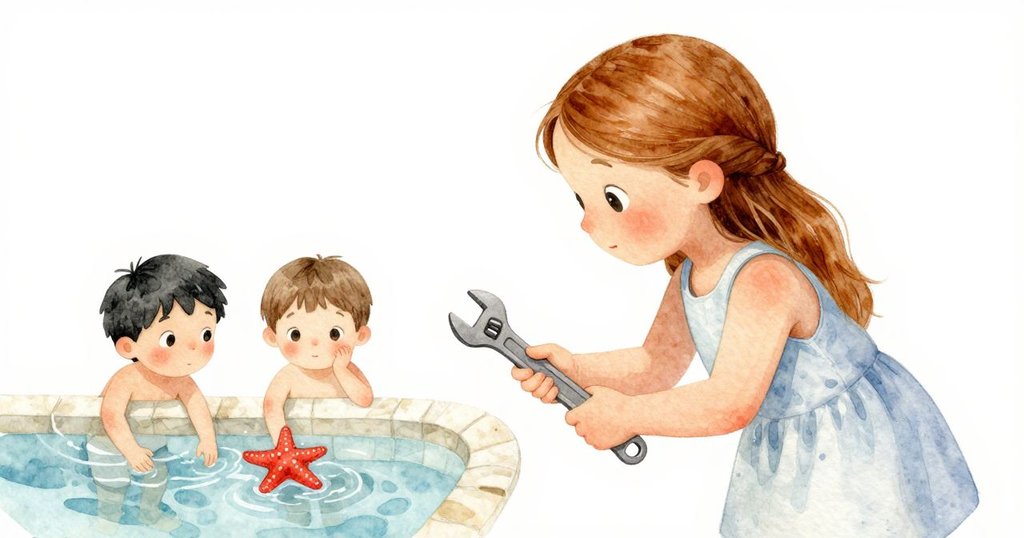 池邊兩個孩子談論紅海星，Gemma小心撥開閃光扳手尋找下一個貝殼，鏡頭中展現專注與緊張氛圍