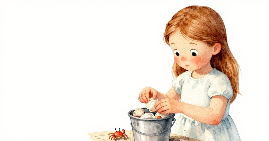傍晚海灘，Gemma細心排列貝殼並把搖晃的貝殼收入口桶，一隻小蟹悄悄靠近，展現寧靜結局與自然魅力