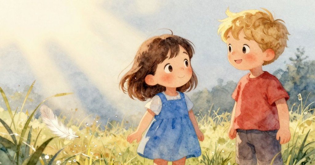 微距鏡頭下，羽毛在露水草地上優雅漂浮，細緻紋理與晨光交織出奇妙且溫柔的景象