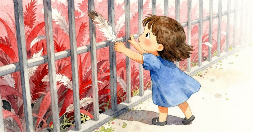 女孩在傾斜視角下伸手追逐滑過欄杆的羽毛，充滿好奇與堅定，周圍環境細節豐富