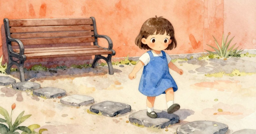 女孩踏上平整石板路，朝向寧靜長椅前進，陽光溫暖照耀新路徑，展現堅定與冒險精神