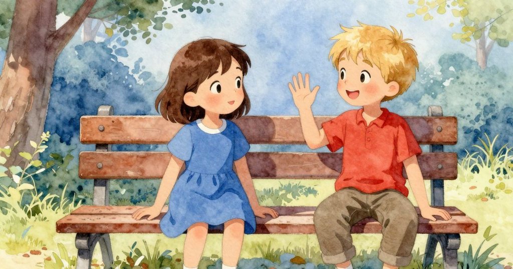 兩名孩童在公園長椅旁開心互動，快樂交談並共同注視飄動羽毛，場景充滿溫馨與明亮光芒