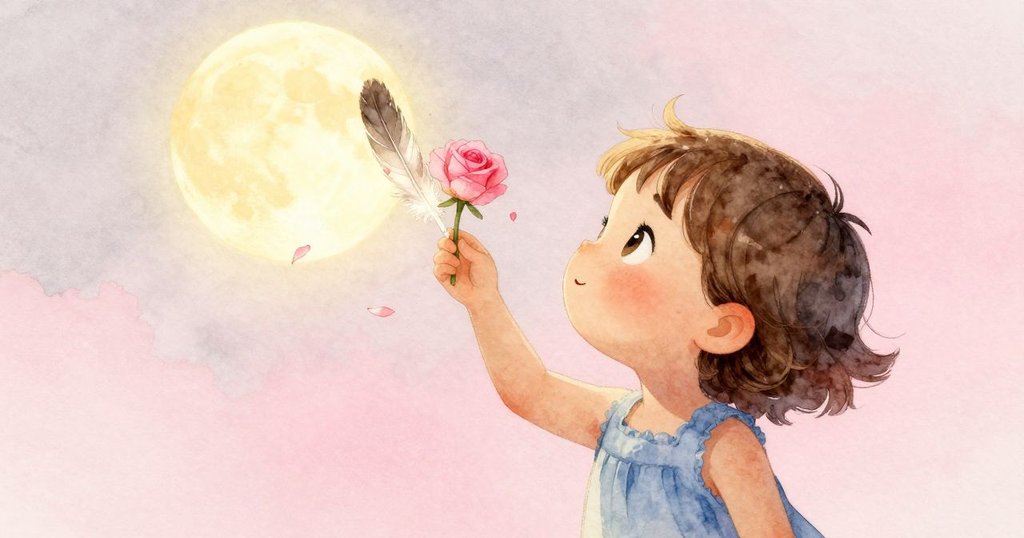 夜晚花園中，羽毛靜臥在玫瑰旁，粉紅花瓣與白絨交織，女孩仰望淡月，神情充滿驚奇與寧靜