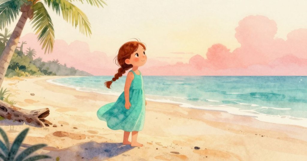 Vita站在晨霧沙灘上，輕柔泡沫環圍繞破裂原木，展現期待與柔和光線的開場情境