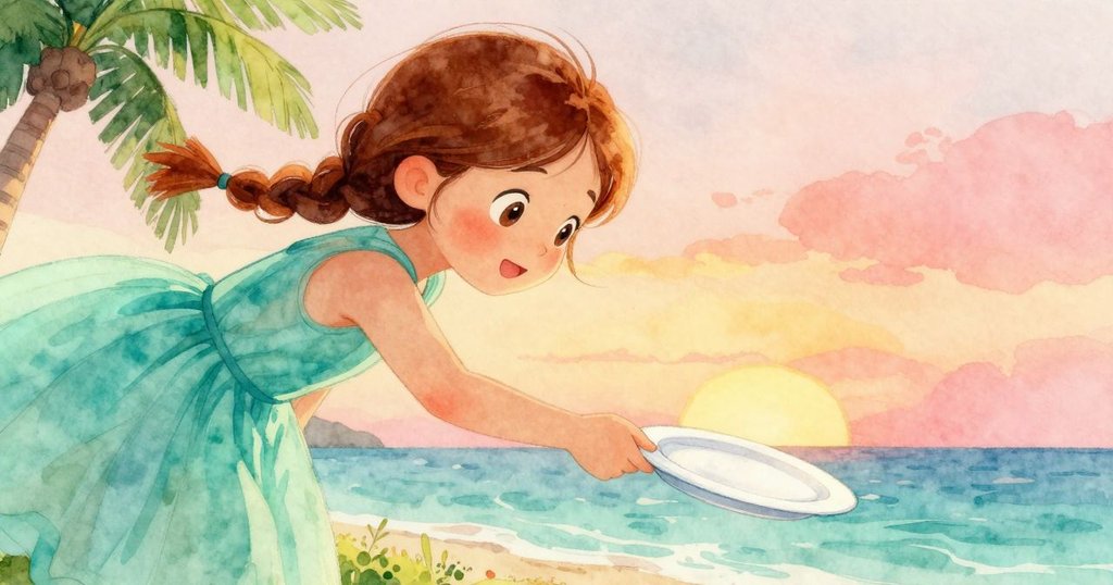 Vita好奇傾頭注視，海浪輕觸塑料盤，動靜交融展現海邊變幻的瞬間，情節逐步推進