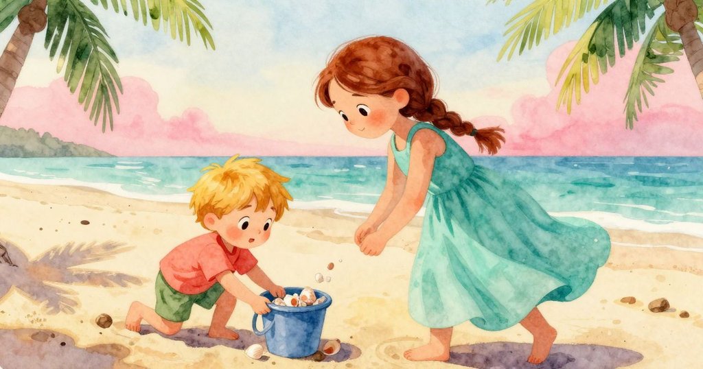 沙灘上貝殼從水桶滑落，樹影隨暖光移動，營造出豐富自然細節與生動的季節感