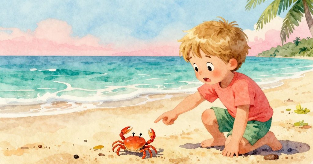 另一孩子熱情指著沙灘上等待的螃蟹，與Vita互動討論潮水變化，充滿決策與好奇探索之感