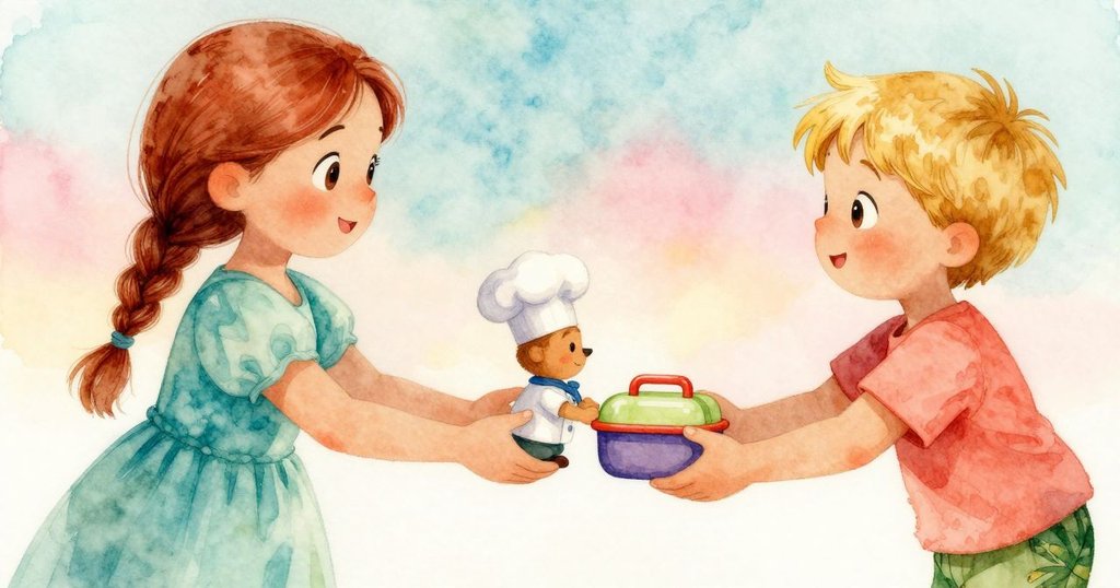 Vita輕握玩具小廚師，Alex接過散發果香的便當盒，展現共享發現的溫馨結局，氣氛愉悅