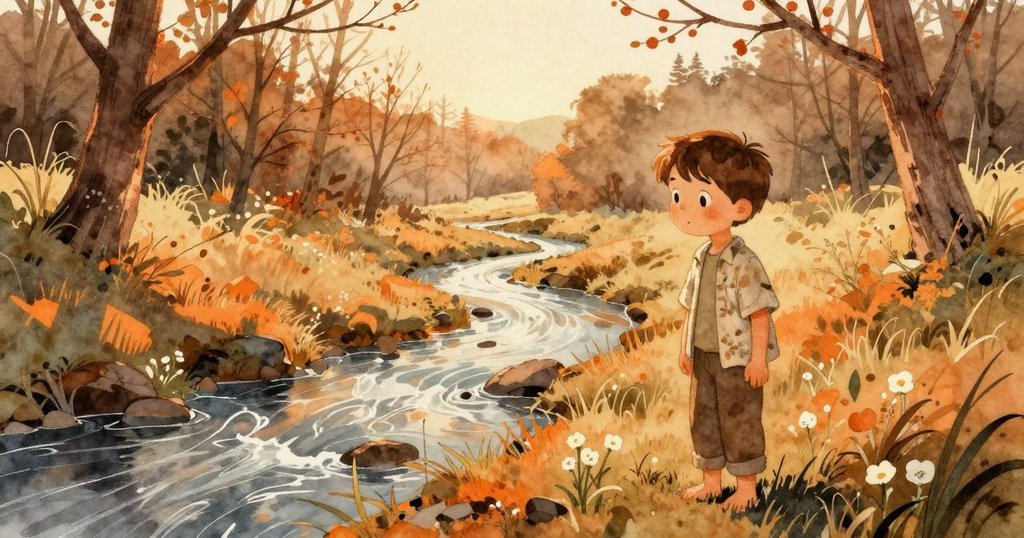 喬納斯站在流動小溪旁,泥濕的岸邊和微微打開的花苞,陽光灑下,展現探索大自然的好奇神情