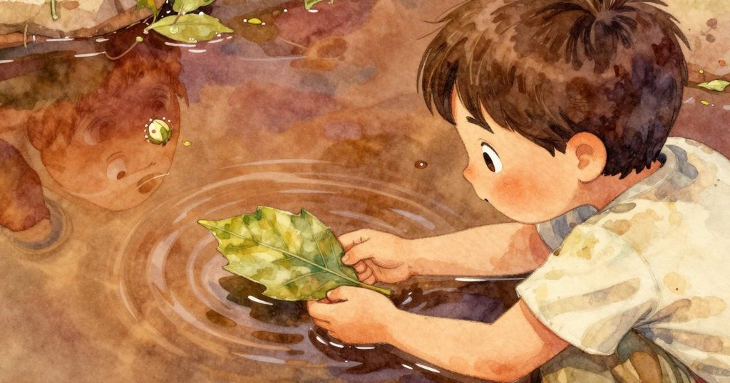 一片樹葉在清澈水面上旋轉,水面反射著花苞和喬納斯好奇的面容,充滿魔幻與自然的細膩光影