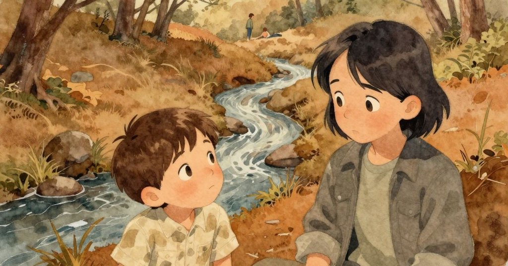 從高處俯瞰小溪,喬納斯在溪邊觀察,大人持筆記本站在對岸,場景帶出濃厚沉思與自然光影