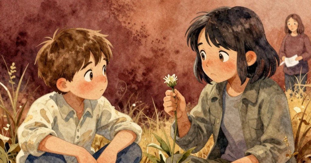 喬納斯凝視著展開花瓣的花苞,花瓣上隱約展現粉色紋理,大人神情低落,氛圍充滿微妙緊張感