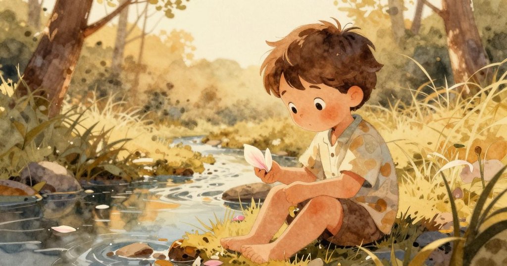 喬納斯靜坐於溪邊,注視著慢慢綻放的花朵,淡粉色花瓣映出內心平靜,夕陽餘暉營造出溫暖祥和的氛圍