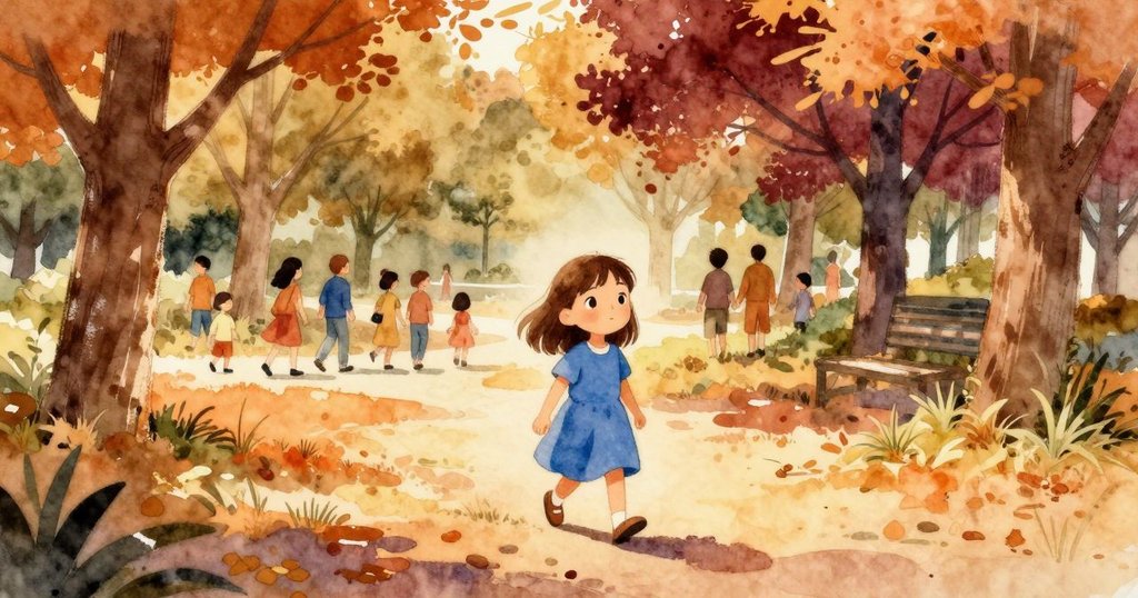 雅拉走進公園, 與其他行人互動, 陽光灑落, 草地綠意盎然, 神情期待, 自然風光豐富, 故事開展