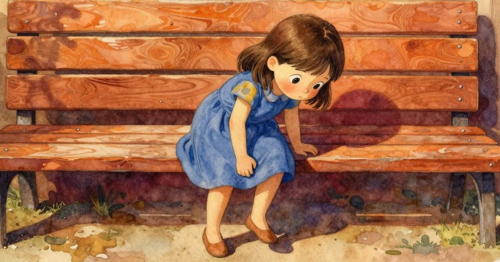 雅拉經過木製長椅, 注意到椅面上的細緻光紋, 腳步輕盈, 草地和木頭紋理清晰, 故事推進中