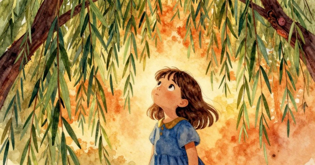 雅拉走向垂柳, 低角度拍攝呈現柳條垂掛, 她抬頭仰望, 神情充滿敬畏, 自然景觀柔和溫暖