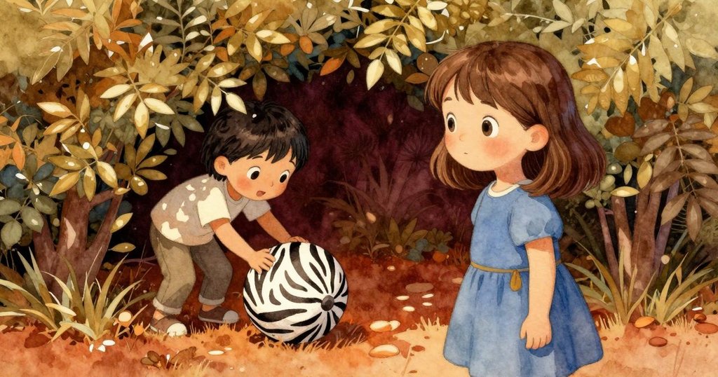 雅拉在濃密的樹籬旁發現藏有斑馬圖案的球, 另一位小孩興奮喊話, 充滿神秘感與驚喜, 故事進展