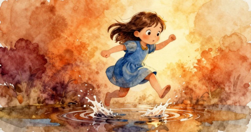 雅拉面對突現的水坑, 臉上掛著堅定微笑, 跳躍間水花四濺, 活力展現, 氣氛緊張又充滿期待