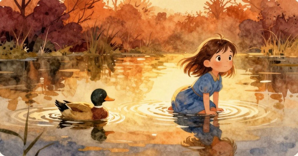 雅拉走向起點, 池塘中鴨子優雅滑行, 陽光柔和象徵旅程結束, 氣氛寧靜, 故事完滿落幕