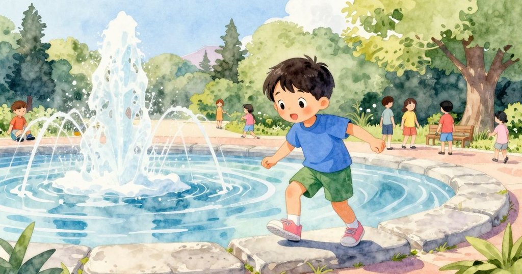 男孩在熱鬧公園中踏著石頭，背景有噴水池和行人，陽光明媚，他充滿好奇在觀察四周