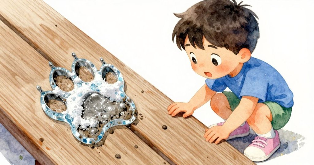 男孩仔細觀看木凳上的泥漬腳印，旁邊有長樹枝及從樹籬露出邊緣的紅球，神情充滿好奇