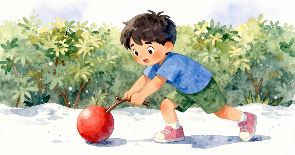 男孩在低角度下運用樹枝推動紅球，旁邊有濃密的樹籬與粗糙樹根，他表情堅定