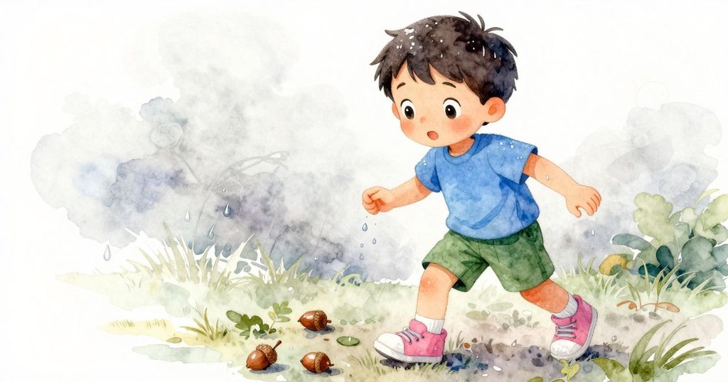 男孩在公園中注意到落下的雨滴，衣袖上閃著水珠，地面上有濕橡果與柔和樹葉，充滿季節氣息