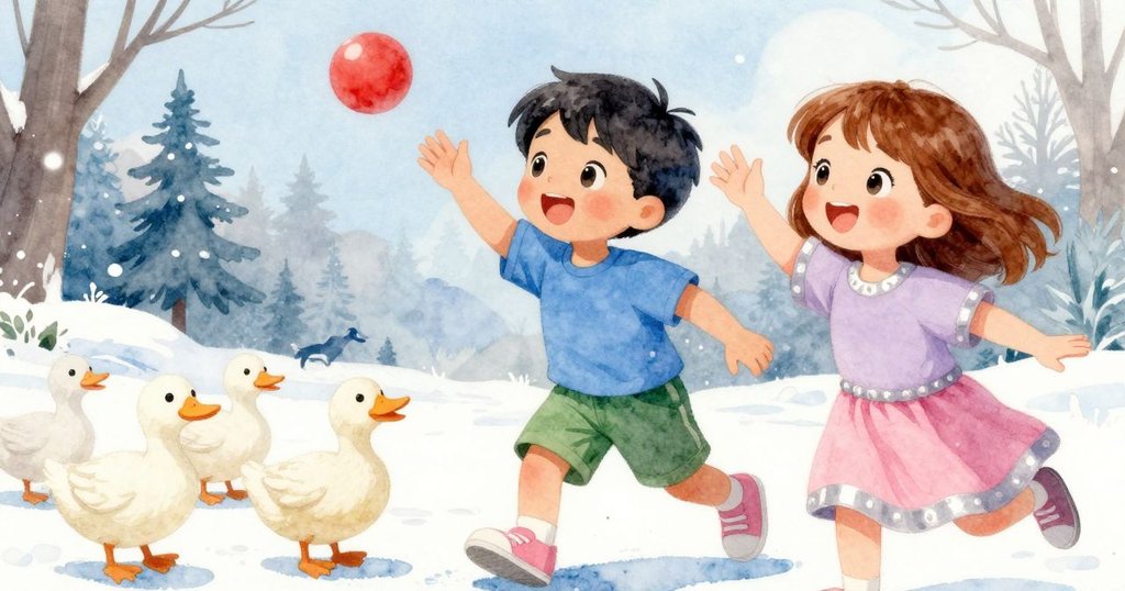 女孩歡快喊出『Ball back!』，鴨子在旁嬉戲，男孩和紅球互動，現場充滿慶祝氣氛