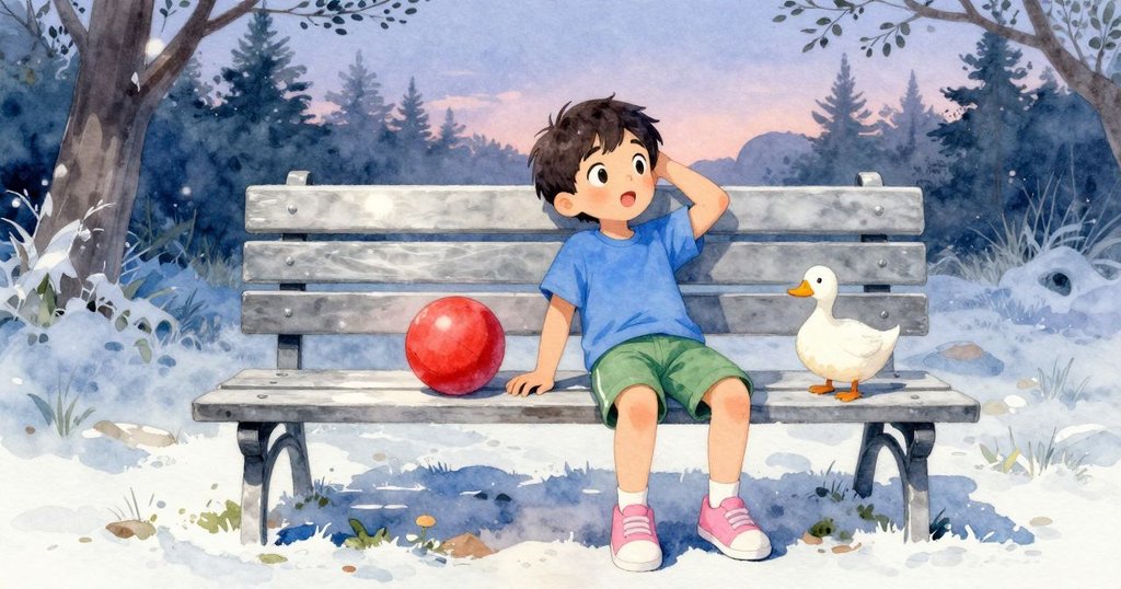 男孩在公園長椅上靜坐休憩，旁邊放著紅球，一隻鴨子溫柔陪伴，現場氛圍安靜平和