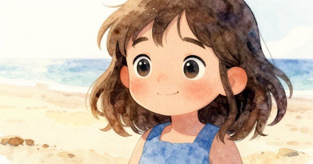 Ruby 靜止凝視濕沙上黏稠痕跡,眼中流露出好奇與探索的光芒,捕捉發現的瞬間