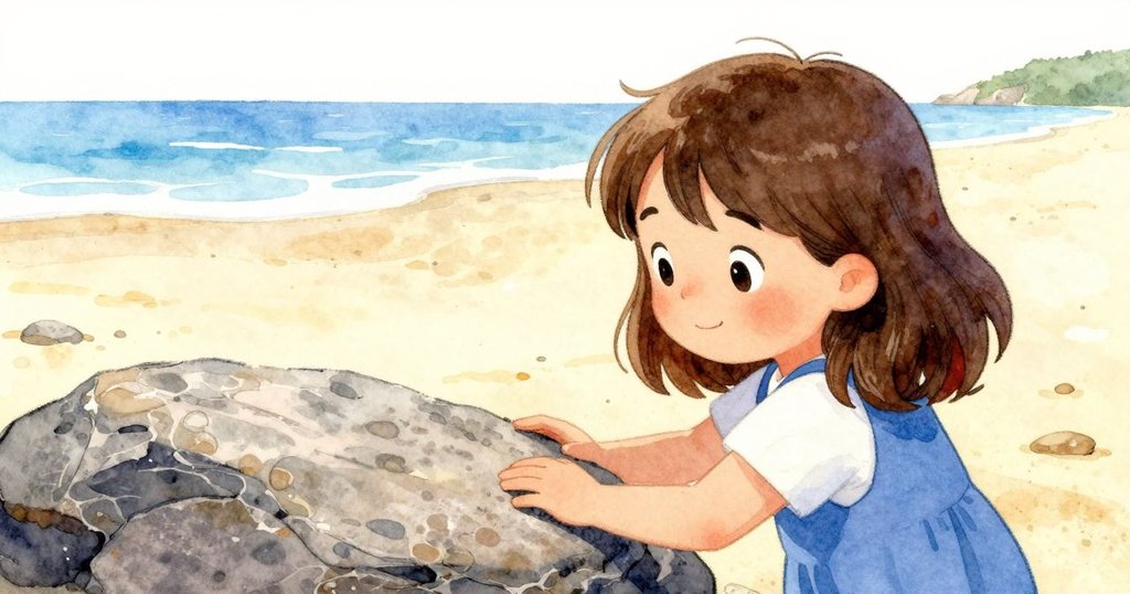 Ruby 從背後看向岩石,岩面上散落蘋果皮和彩紙,空氣中彌漫著甜香,呈現探索情景